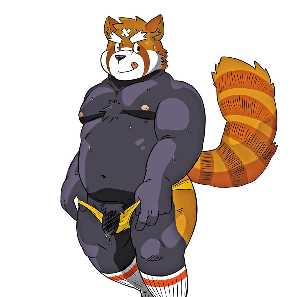 1:1 2015 ailurid anthro belly black_body black_nose clothing genitals kemono male mammal moobs nipples one_eye_closed overweight overweight_male penis red_panda shiba-kenta simple_background solo tongue tongue_out underwear white_background wink
