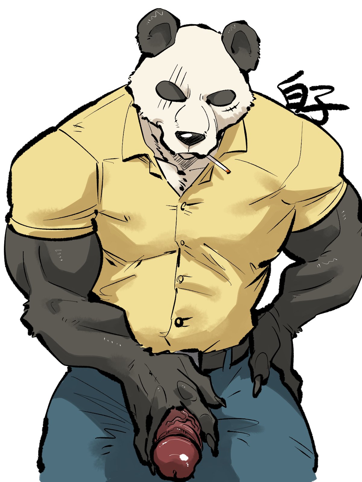 3:4 anthro beastars belt biceps black_body black_eyes black_fur bottomwear cigarette cigarette_in_mouth claws clothed clothing dress_shirt erection finger_claws fully_clothed fur genitals giant_panda glistening glistening_genitalia glistening_penis gouhin hand_on_hip hand_on_penis hi_res humanoid_genitalia humanoid_penis male mammal muscular muscular_anthro muscular_male pants penis penis_through_fly poking_out red_penis scar shirako shirt simple_background solo thick_thighs topwear ursid vein veiny_penis white_body white_fur