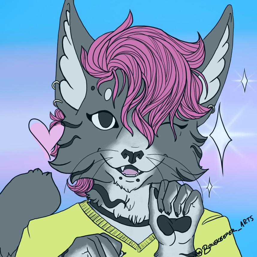 1:1 ambiguous_gender anthro black_pawpads bonekeeper clothed clothing domestic_cat felid feline felis girly hair icon looking_at_viewer male mammal open_mouth pawpads piercing pink_hair portrait simple_background smile solo tabby_fur tabbycat teeth teeth_showing teeth_visible