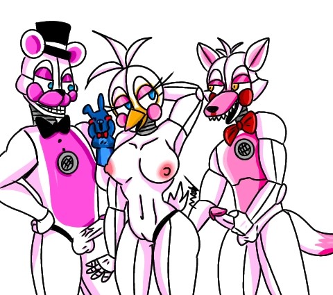 2021 anthro avian balls beak bird black_bow_tie black_top_hat blue_eyes bow_tie breasts canid canine clothing female five_nights_at_freddy's fox funtime_chica_(fnaf) funtime_foxy_(fnaf) funtime_freddy_(fnaf) genitals group hat headgear headwear humanoid_genitalia humanoid_penis lagomorph leporid low_res male male/female mammal masturbation nipples omegamax open_mouth penis pink_nipples pussy rabbit red_bow_tie sharp_teeth simple_background sister_location teeth top_hat ursid video_games white_background white_sclerea yellow_eyes
