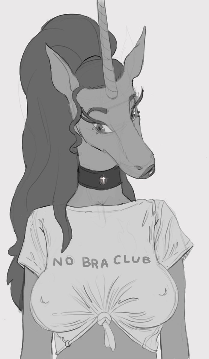 2021 anthro choker clothing equid equine female gem gwen_(zaggatar) hair hi_res horn jewelry lipstick makeup mammal necklace nipple_outline ottersoup ponytail shirt solo text text_on_clothing text_on_shirt text_on_topwear tied_shirt topwear unicorn