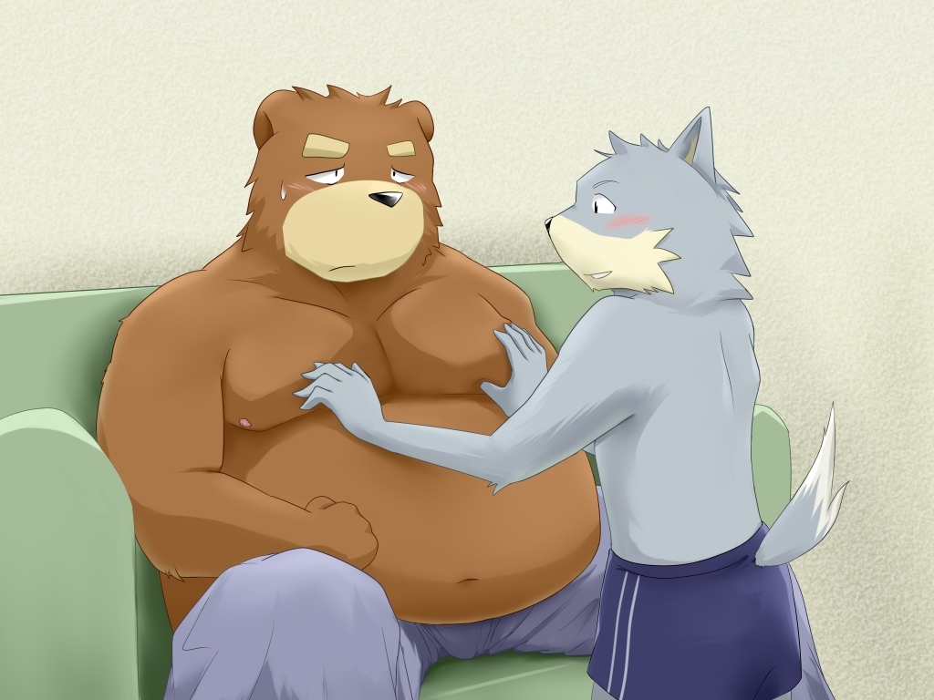 2010 4:3 alternate_text_(artist) anthro belly big_belly black_nose blush bottomwear brown_body canid canine clothing duo furniture humanoid_hands kemono male male/male mammal moob_grab moobs navel nipples overweight overweight_male shirt shorts sitting size_difference sofa topwear ursid