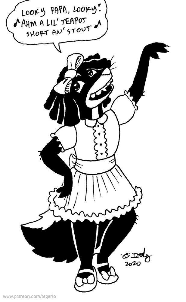 2020 aged_down anthro black_and_white catherine_o'daisies clothing dialogue dress english_text female fur hair mammal mephitid monochrome open_mouth skunk solo teeth tegerio text whiskers