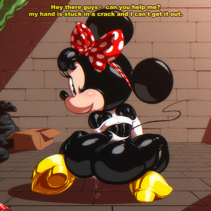1:1 accessory angelauxes animal_humanoid big_butt black_body black_fur bodily_fluids brick_wall butt clothed clothing crouching dialogue disney female fur genital_fluids hair_accessory hair_bow hair_ribbon high_heels humanoid imminent_sex looking_at_viewer looking_back mammal mammal_humanoid minnie_mouse mouse_humanoid murid murid_humanoid murine murine_humanoid polka_dots pussy_juice pussy_juice_leaking ribbons rodent rodent_humanoid skimpy smile smiling_at_viewer solo squating text thong underwear wall_(structure)