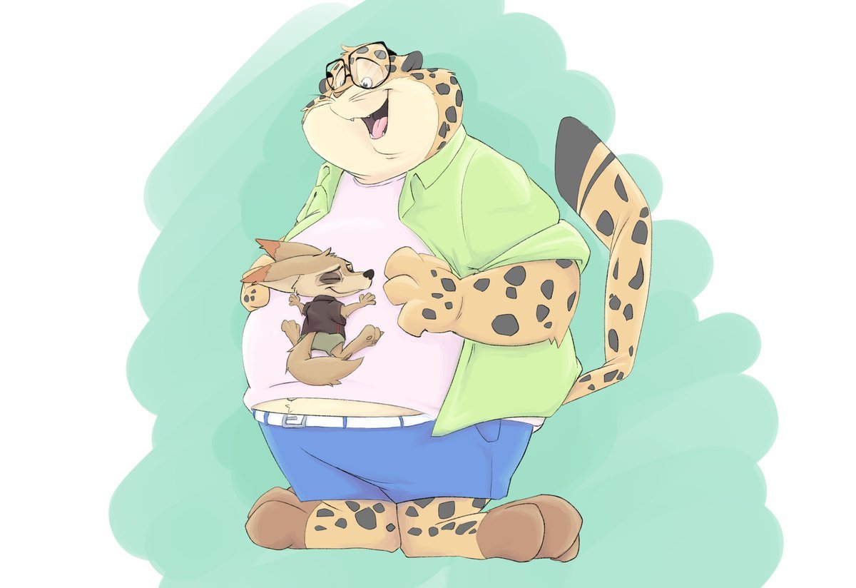 0ottotto0 2016 anthro belly benjamin_clawhauser bottomwear cheetah clothing disney duo eyewear felid feline finnick glasses hug kemono male mammal overweight overweight_male pants shirt simple_background size_difference topwear zootopia