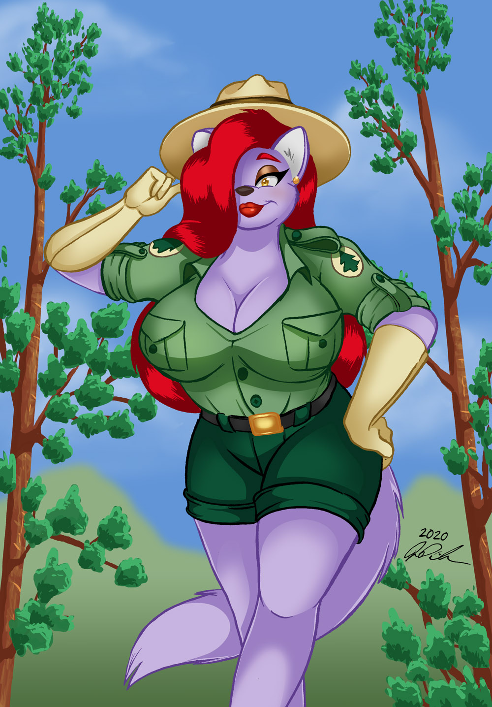anthro big_breasts bottomwear breasts cleavage clothed clothing cosplay disney domestic_cat felid feline felis female forest hair hi_res jessica_rabbit mammal parody peterandwhitney pinup plant pose purple_body red_hair shorts solo tree uniform whitney_(pnc) who_framed_roger_rabbit