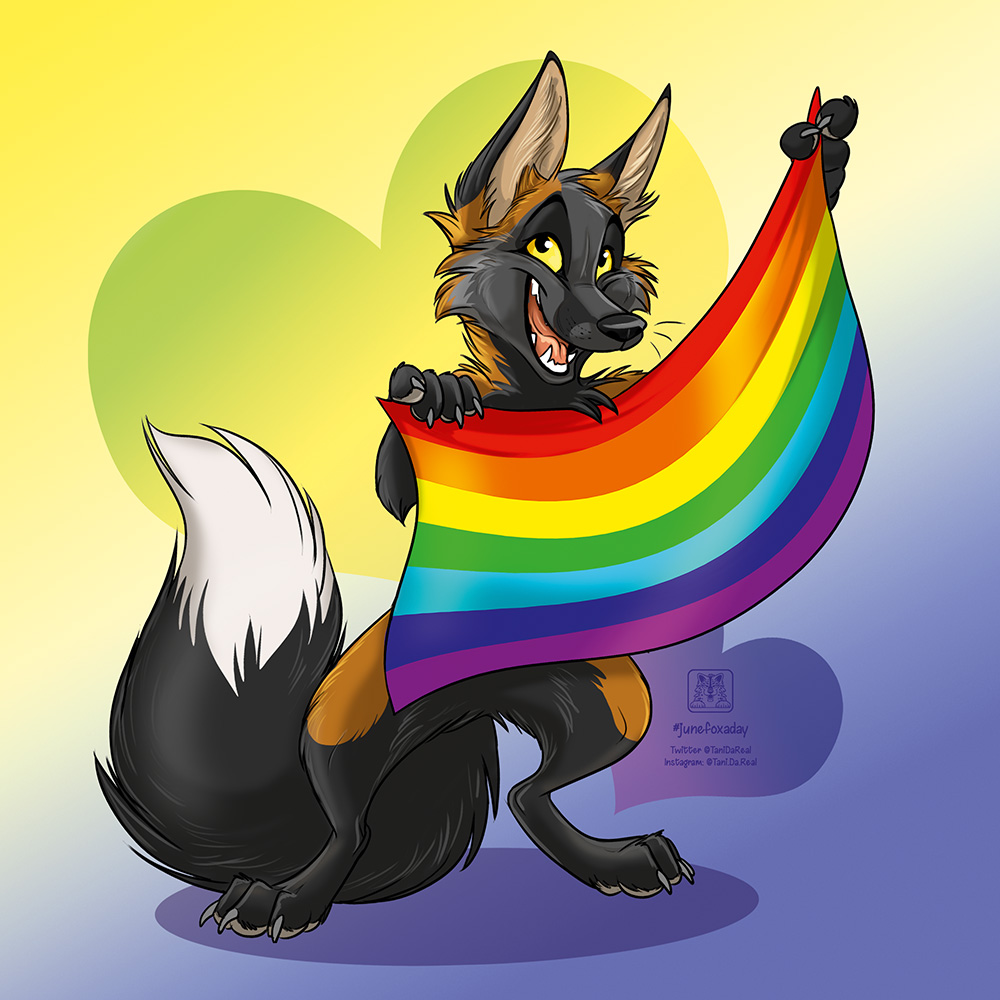 &lt;3 1:1 abstract_background ambiguous_gender black_body black_fur black_nose brown_body brown_fur canid canine conditional_dnp ears_up feral flag fox fur gradient_background holding_flag holding_object lgbt_pride looking_aside mammal pride_colors rainbow_flag rainbow_pride_flag rainbow_symbol seven-stripe_rainbow_pride_colors simple_background smile solo standing tani_da_real white_body white_fur