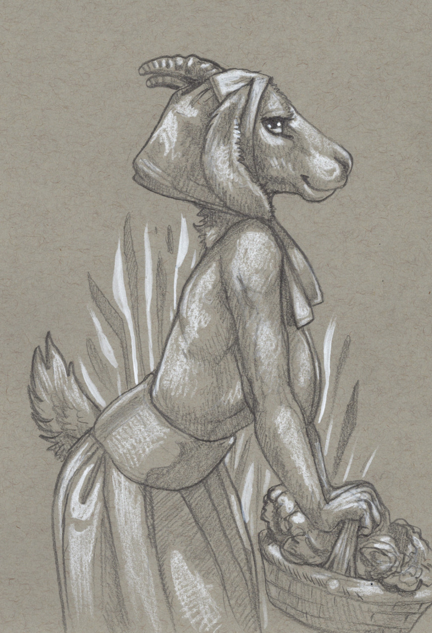 anthro basket bovid breasts cadmiumtea caprine clothed clothing dress female goat hanging_breasts headgear headwear hi_res looking_at_viewer mammal monochrome sagging_breasts side_view solo tail_tuft topless tuft