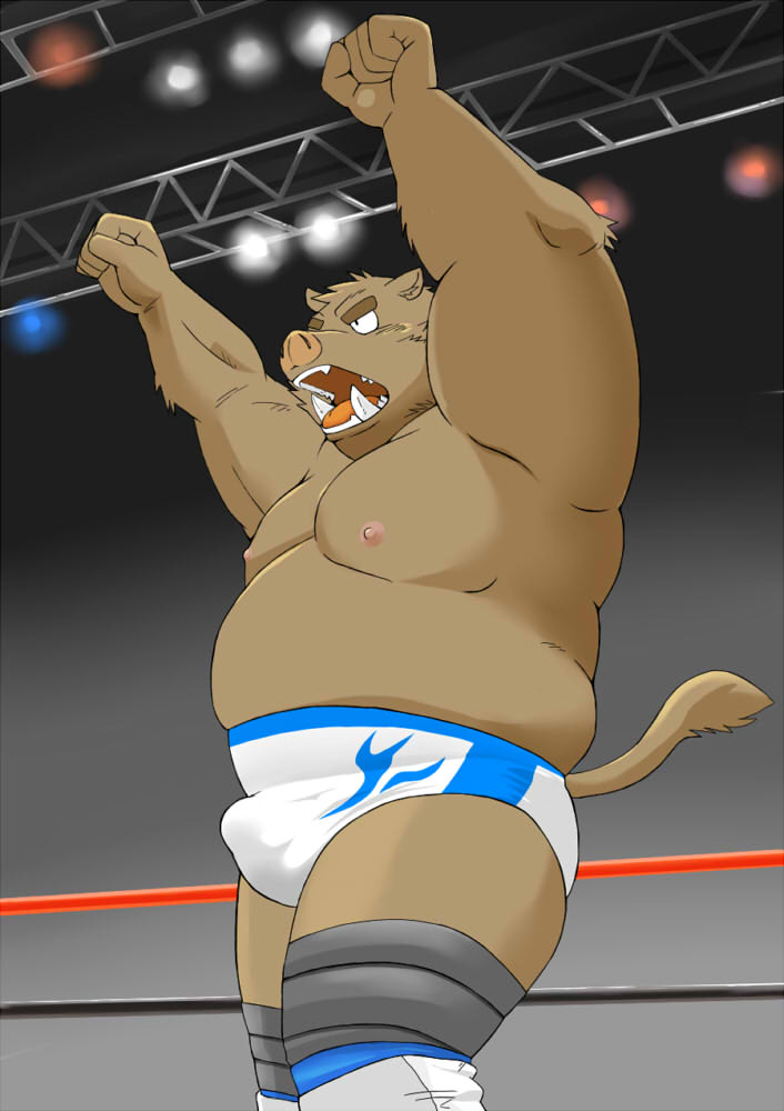 2012 anthro belly brown_body bulge clothed clothing fighting_ring humanoid_hands kemono male mammal moobs nipples overweight overweight_male shiba-kenta solo suid suina sus_(pig) topless underwear wild_boar wrestler