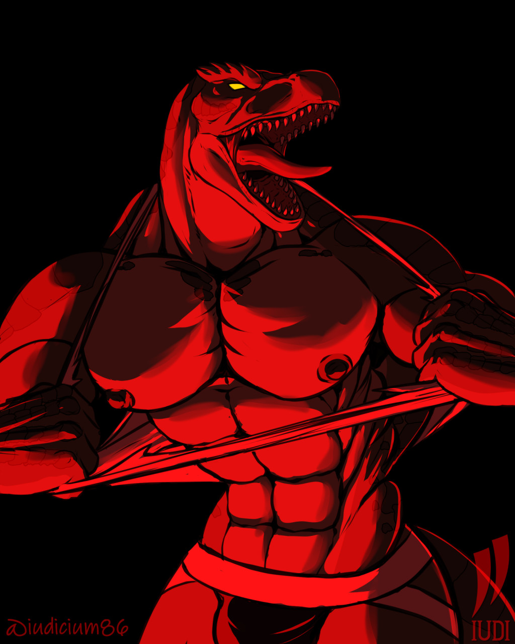 4:5 abs angry anthro clothing dinosaur hi_res invalid_tag iudicium86 jockstrap male muscular muscular_male nipples open_mouth pecs reptile roaring scalie signature simple_background solo standing teeth theropod tongue torn_clothing tyrannosaurid tyrannosaurus tyrannosaurus_rex underwear yellow_eyes