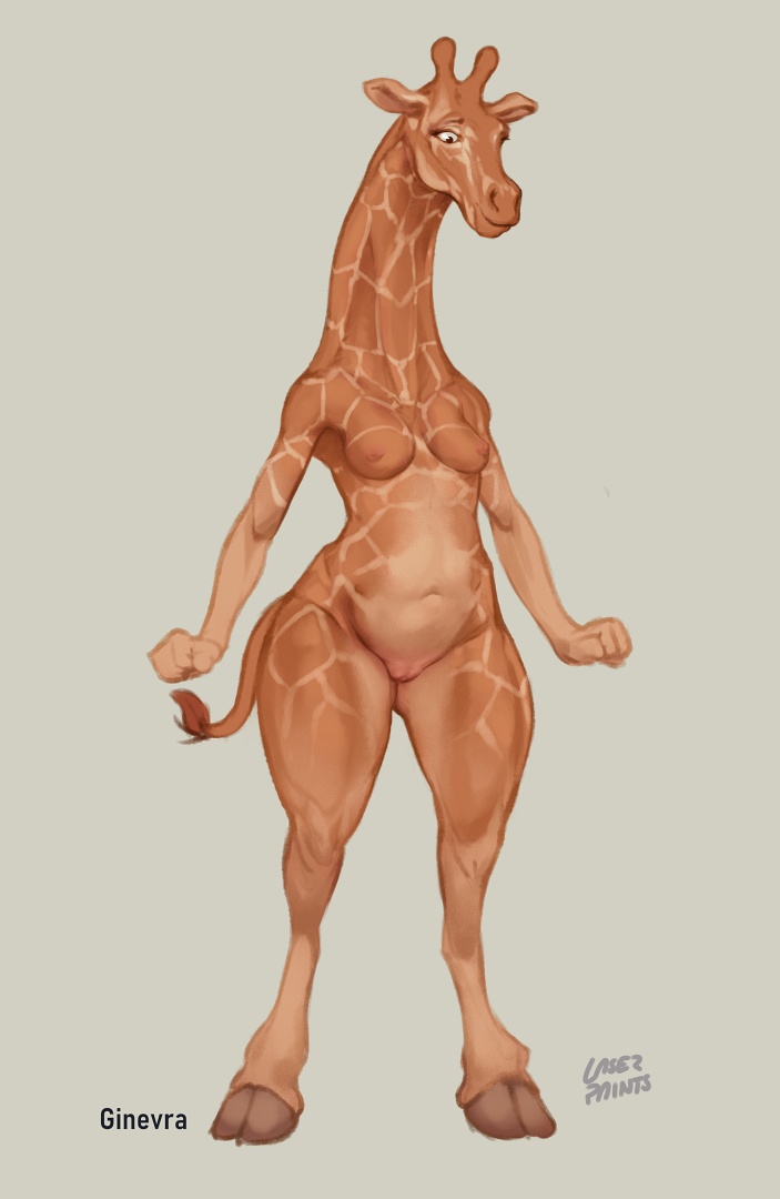 2021 anthro breasts brown_body brown_fur female fur genitals giraffe giraffid grey_background hooves laser_(artist) long_neck mammal multicolored_body multicolored_fur nipples pussy simple_background solo tan_body tan_fur two_tone_body two_tone_fur white_eyes