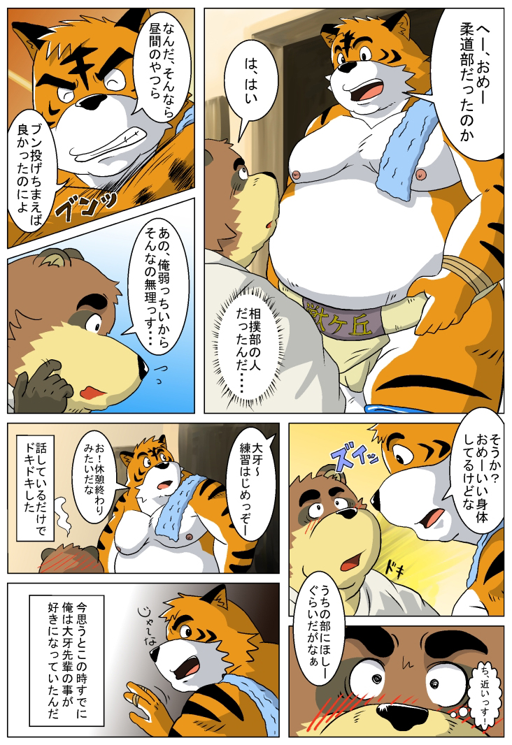 2010 anthro belly blush brown_body canid canine chuuta_(pixiv) comic duo felid humanoid_hands japanese_text kemono male male/male mammal moobs nipples overweight overweight_male pantherine raccoon_dog sumo tanuki text tiger towel towel_on_shoulder white_body