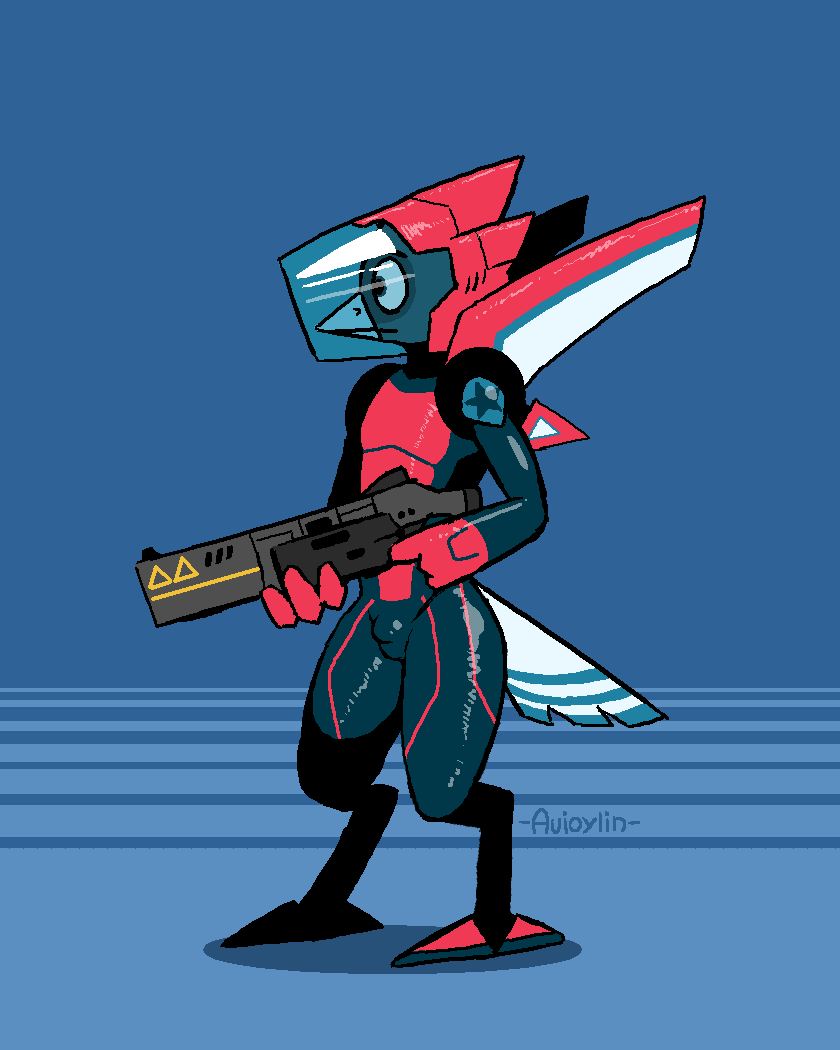 4:5 anthro armor avian avio avioylin blaster bulge clothing feathers futuristic gun headgear helmet male ranged_weapon simple_background soldier solo spacesuit standing tail_feathers tight_clothing visor warrior weapon wings