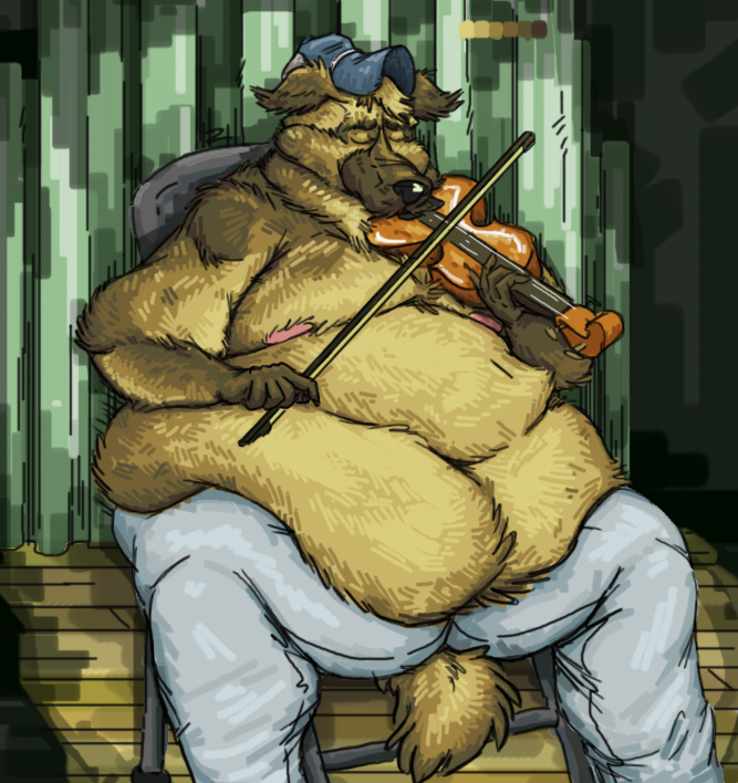 baseball_cap belly belly_overhang big_belly bottomwear bowed_string_instrument brown_body brown_fur canid canine canis clothing denim denim_clothing dewlap_(anatomy) domestic_dog double_chin eyes_closed fur german_shepherd hat headgear headwear herding_dog jeans male mammal moobs musical_instrument musician obese overweight overweight_male pants pastoral_dog playing_music playing_violin solo southernyote string_instrument tan_body tan_fur violin