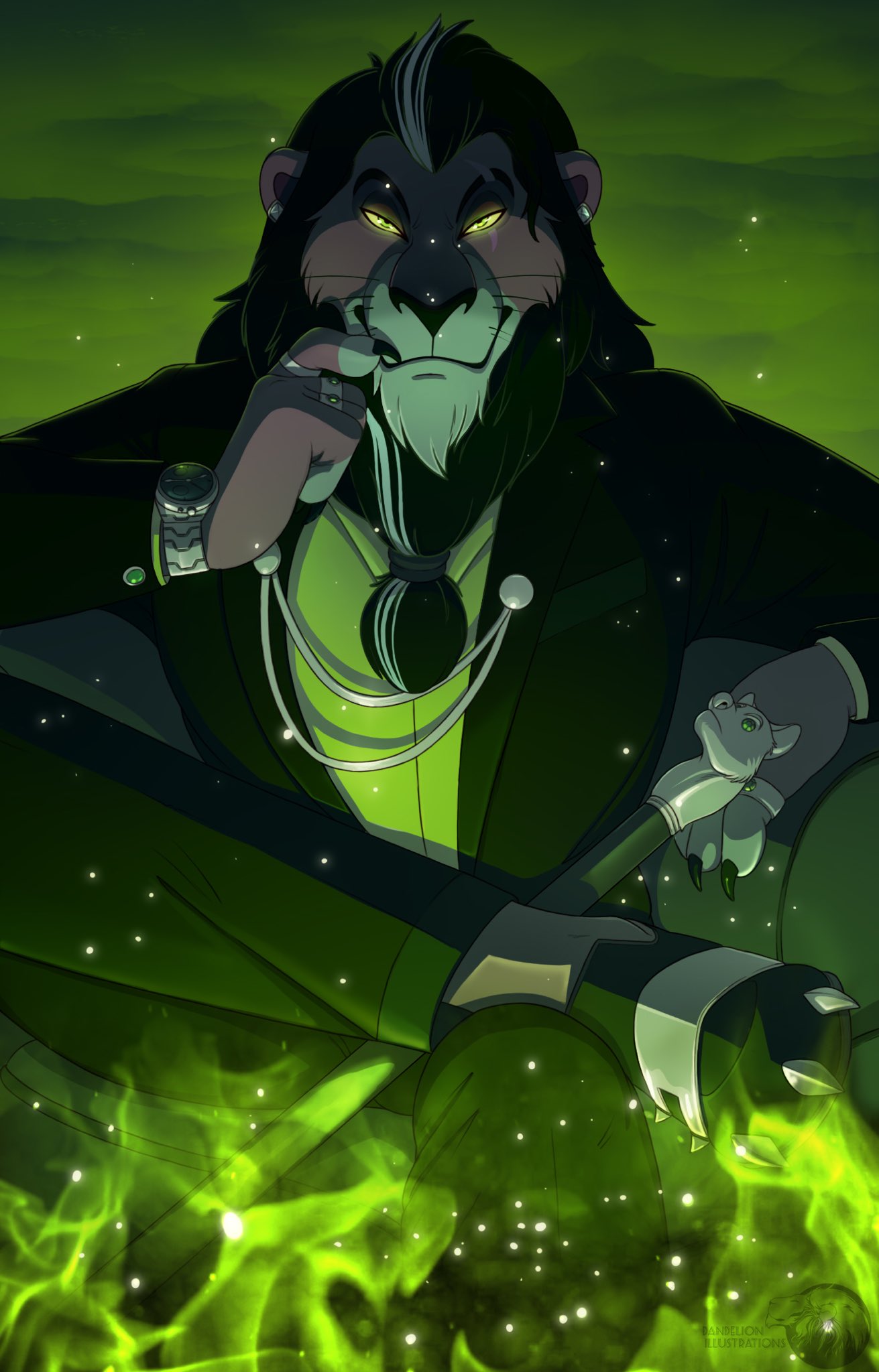 anthro black_body black_fur black_suit cane claws claws_in_mouth clock clothed clothing crossed_legs cuff_links disney eyebrows facial_hair facial_scar felid fully_clothed fur glowing glowing_eyes goatee green_eyes green_smoke grey_body grey_fur hi_res knuxlight lion male mammal mane miasma pantherine raised_eyebrows ring scar scar_(the_lion_king) sitting smile solo suit the_lion_king watch whiskers