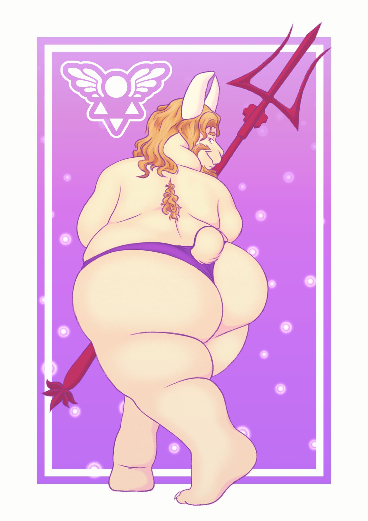 anthro asgore_dreemurr big_butt blonde_hair bovid butt caprine clothing fur goat hair hi_res horn looking_at_viewer looking_back male mammal melee_weapon overweight polearm solo thong trident undertale underwear vetoknox video_games weapon white_body white_fur