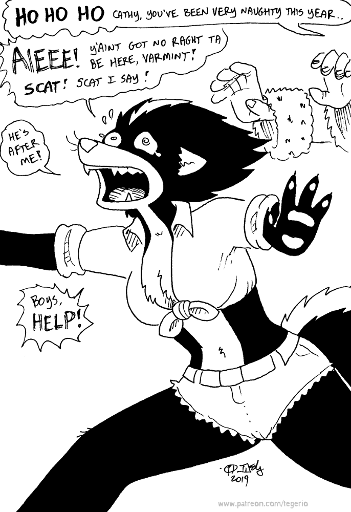 anthro belly-button belt bodily_fluids bottomwear breasts buckle catherine_o'daisies cleavage clothed clothing disembodied_hand duo female mammal mephitid midriff monochrome navel scared shirt shorts skunk solo_focus tears teeth tegerio tied_shirt topwear