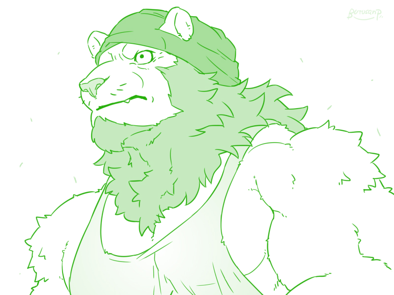 4:3 anthro biceps butusan_p clothing facial_hair felid furgonomics green_and_white headkerchief intense_stare kerchief lion looking_away male mammal mane monochrome muscular muscular_male neck_tuft pantherine shirt snaggle_tooth solo tank_top topwear tuft