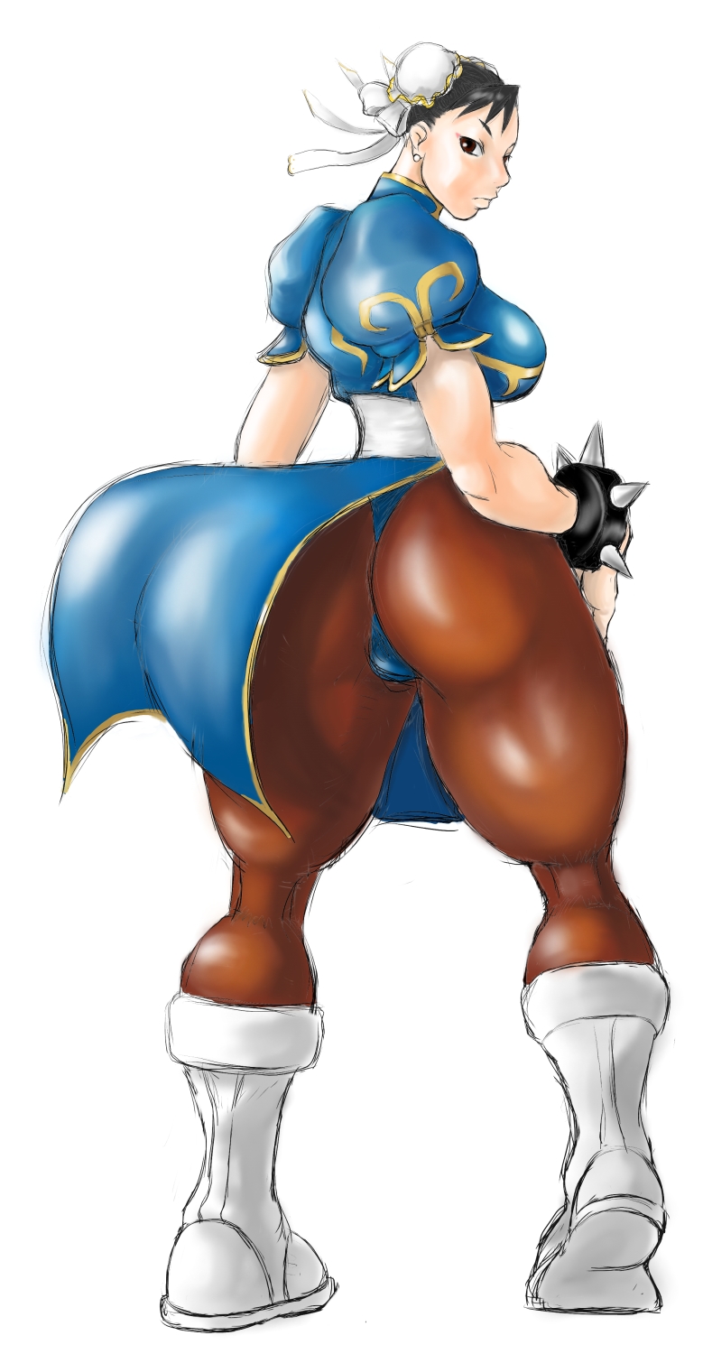 ass boots bracelet breasts brown_eyes capcom china_dress chinese_clothes chun-li double_bun dress earring earrings highres huge_ass jewelry looking_back muscle oreteki oreteki18kin pantyhose qipao sideboob spiked_bracelet spikes street_fighter thick_thighs thighs