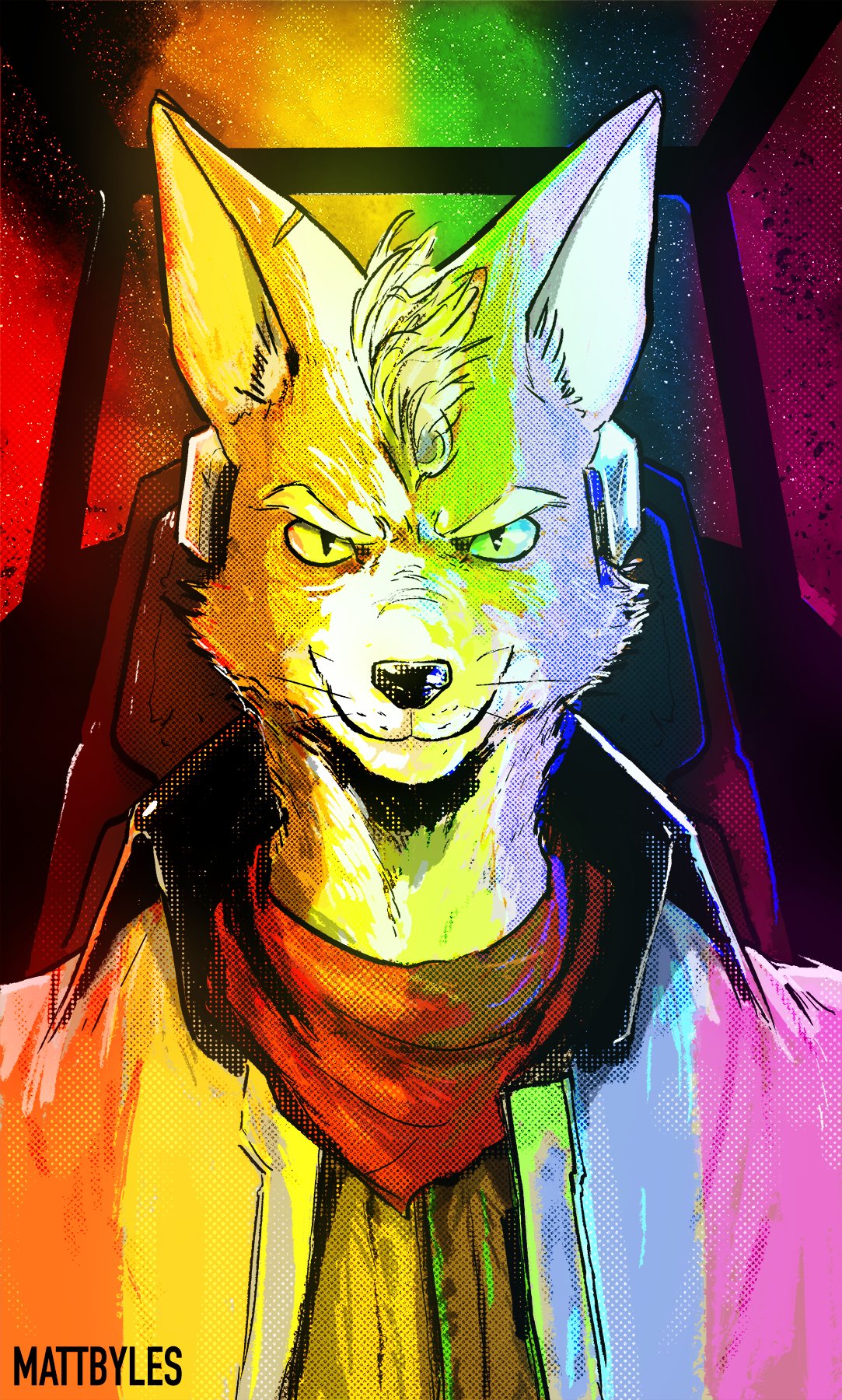 2021 anthro artist_name bust_portrait canid canine clothed clothing eyebrows fox fox_mccloud front_view fur hair headgear hi_res icon inside jacket lgbt_history_month lgbt_pride looking_at_viewer male mammal mattbyles narrowed_eyes neckerchief nintendo portrait pride_color_background pride_colors rainbow rainbow_flag rainbow_pride_flag rainbow_symbol shirt simple_background sitting six-stripe_rainbow_pride_colors smile solo space spacecraft star star_fox topwear vehicle video_games whiskers window