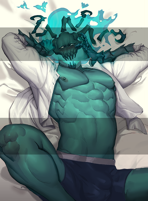 2019 abs alternate_version_at_source athletic athletic_humanoid athletic_male big_abs big_bulge black_mask blue_bottomwear blue_briefs blue_clothing blue_underwear blush bottomwear bulge clothed clothing colored colored_fire detailed_background digital_drawing_(artwork) digital_media_(artwork) facing_viewer fire flame_head ghost green_body green_eyes green_fire green_nipples green_skin half-length_portrait humanoid league_of_legends light lolpaja looking_at_viewer lying male manly muscular muscular_humanoid muscular_male nipples obliques on_back open_clothing open_mouth open_shirt open_smile open_topwear pecs portrait pupils riot_games serratus shaded shadow shirt simple_background skimpy smile solo spirit spread_legs spreading suggestive suggestive_look suggestive_pose three-quarter_view thresh topwear underwear video_games white_background white_clothing white_pupils white_shirt white_topwear