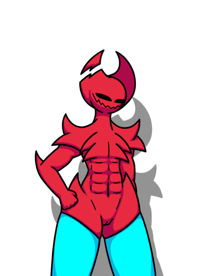 2021 abs agkelite alpha_channel avacon_(literallyjumble) black_eyes black_sclera blue_clothing cel_shading clothed clothing cracked_horn curved_horn demon digital_media_(artwork) female genitals hand_on_hip horn humanoid legwear legwear_only literallyjumble muscular muscular_female pussy red_body shaded smile spikes tagme thick_thighs thigh_highs