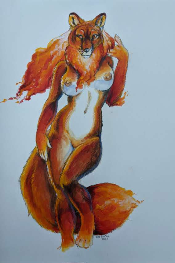 2021 anthro black_body black_fur canid canine ears_up ember_(heather_bruton) featureless_crotch female fire flaming_fur flaming_hair flaming_tail fox fur heather_bruton looking_at_viewer mammal nude orange_body orange_eyes orange_fur pseudo_hair red_body red_fox red_fur simple_background solo standing traditional_media_(artwork) whiskers white_background white_body white_fur