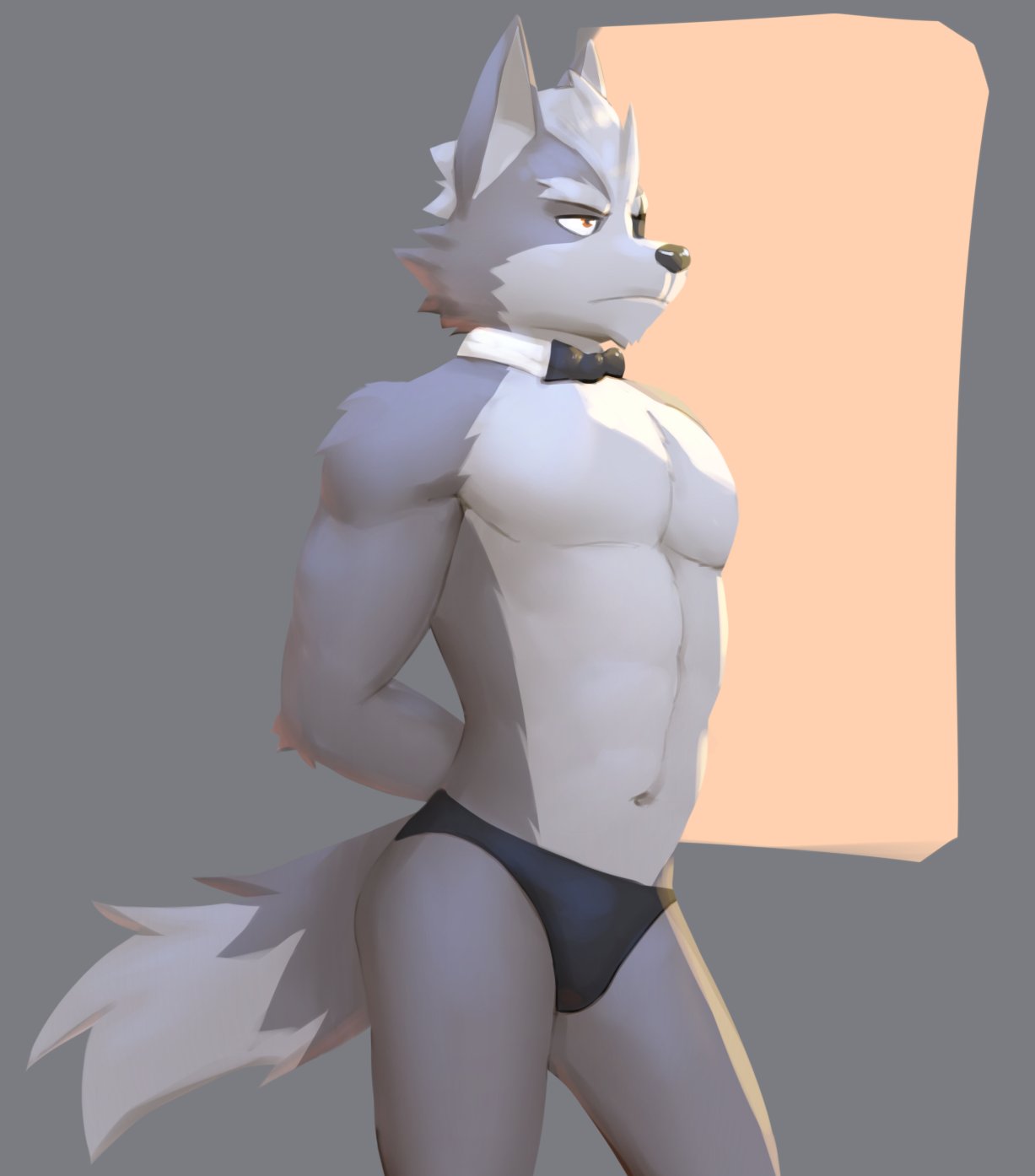 2021 abs anthro bow_tie bulge canid canine canis clothing eye_patch eyebrows eyewear fur grey_background grey_body grey_fur grey_hair hair hands_behind_back hi_res jrjresq male mammal multicolored_body multicolored_fur muscular muscular_anthro muscular_male navel nintendo pecs simple_background solo speedo standing star_fox swimwear tuft two_tone_body two_tone_fur video_games wolf wolf_o'donnell