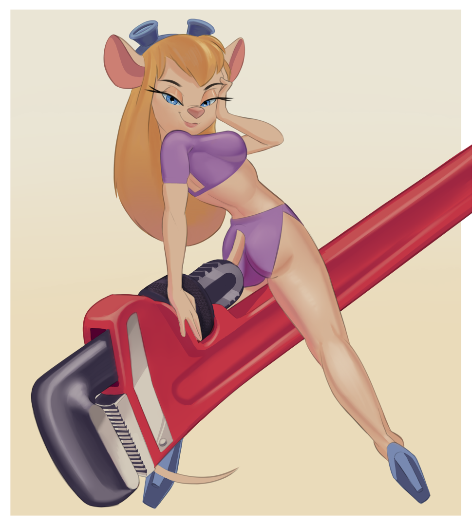 anthro chip_'n_dale_rescue_rangers disney eyewear female gadget_hackwrench goggles goggles_on_head high_heels looking_at_viewer mammal mouse murid murine pinup pose rodent saransaran solo straddling tools wrench
