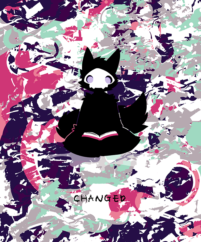 2018 5:6 abstract_background ambiguous_gender anthro black_body black_fur book canid canine canis changed_(video_game) danboyya2000 digital_media_(artwork) front_view fur mammal puro_(changed) purple_eyes sitting solo wolf