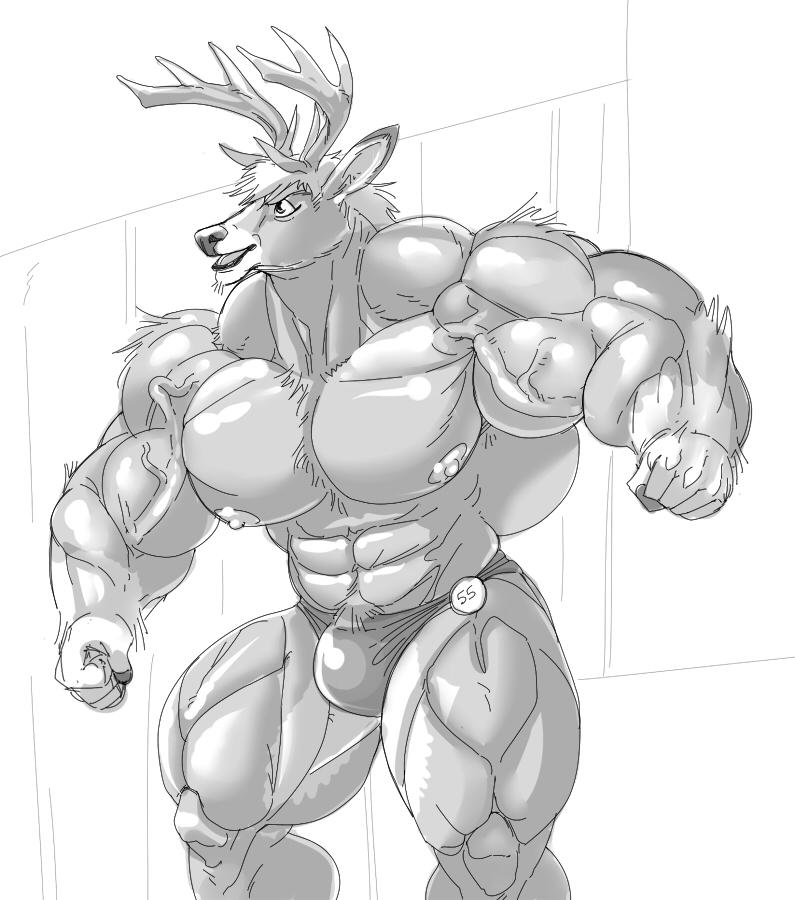 2015 5_fingers anthro antlers big_bulge big_pecs bulge cervid clothed clothing fingers fist horn huge_muscle male mammal monochrome muscular nipples open_mouth pecs solo stagor55 underwear underwear_only veiny_muscles