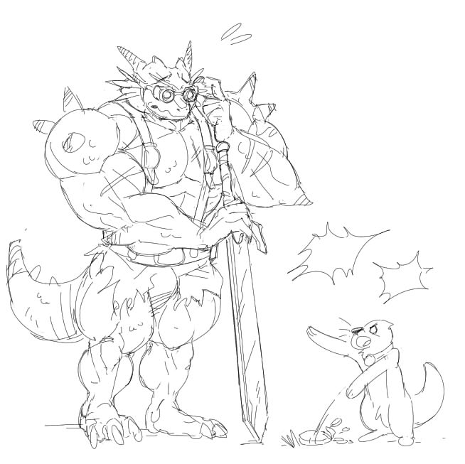 2015 3_toes anthro bottomwear chibi clothing collar duo eyewear feet goggles holding_object horn huge_muscle lizard lizard_blacksmith looking_at_another lutrine male mammal melee_weapon monochrome mustelid nude open_mouth pants plantigrade reptile scalie scar size_difference sketch stagor55 sword toes weapon