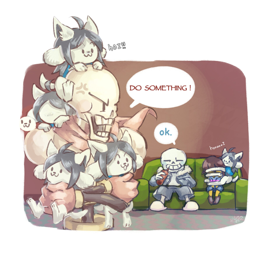 anthro bone boss_monster bovid canid canine cape caprine clothed clothing eyes_closed felid feline fur hair hug human mammal open_mouth papyrus_(undertale) protagonist_(undertale) sans_(undertale) shiomikiki skeleton smile tem temmie_(undertale) undertale video_games white_body white_fur