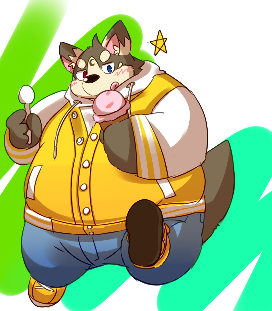 2016 anthro belly big_belly blush bottomwear canid canine canis clothing dessert domestic_dog food hoodie ice_cream kemono male mammal natamaru_a overweight overweight_male pants popori solo tera_online tongue tongue_out topwear video_games