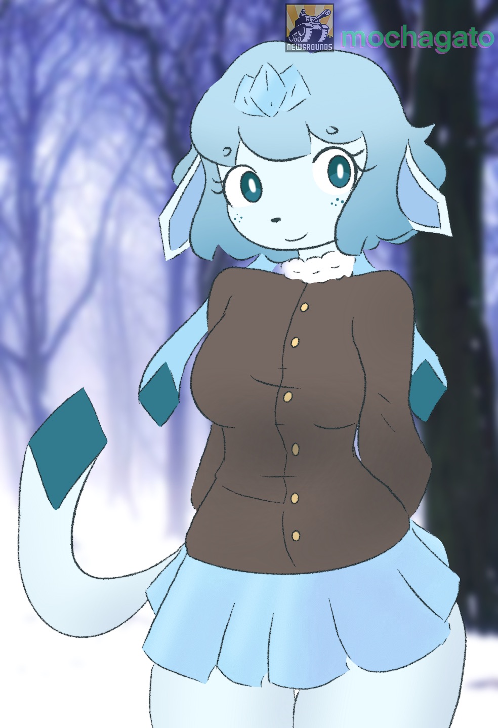 anthro bottomwear breasts clothed clothing coat eeveelution female glaceon hair hi_res humanoid mochagato nintendo plant pok&eacute;mon pok&eacute;mon_(species) skirt snow solo topwear tree video_games