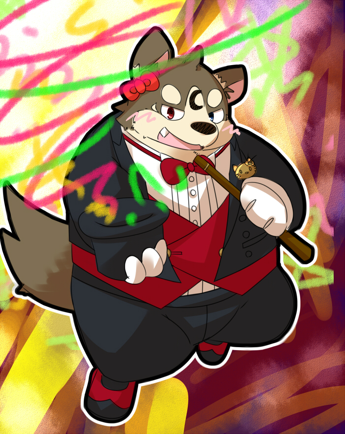 2016 anthro belly big_belly black_nose blush bottomwear bow_(feature) bow_accessory bow_in_front bow_tie brown_body brown_fur canid canine canis clothing cute_fangs domestic_dog ear_bow fur kemono male mammal natamaru_a overweight overweight_male pants popori shirt solo suit tera_online topwear