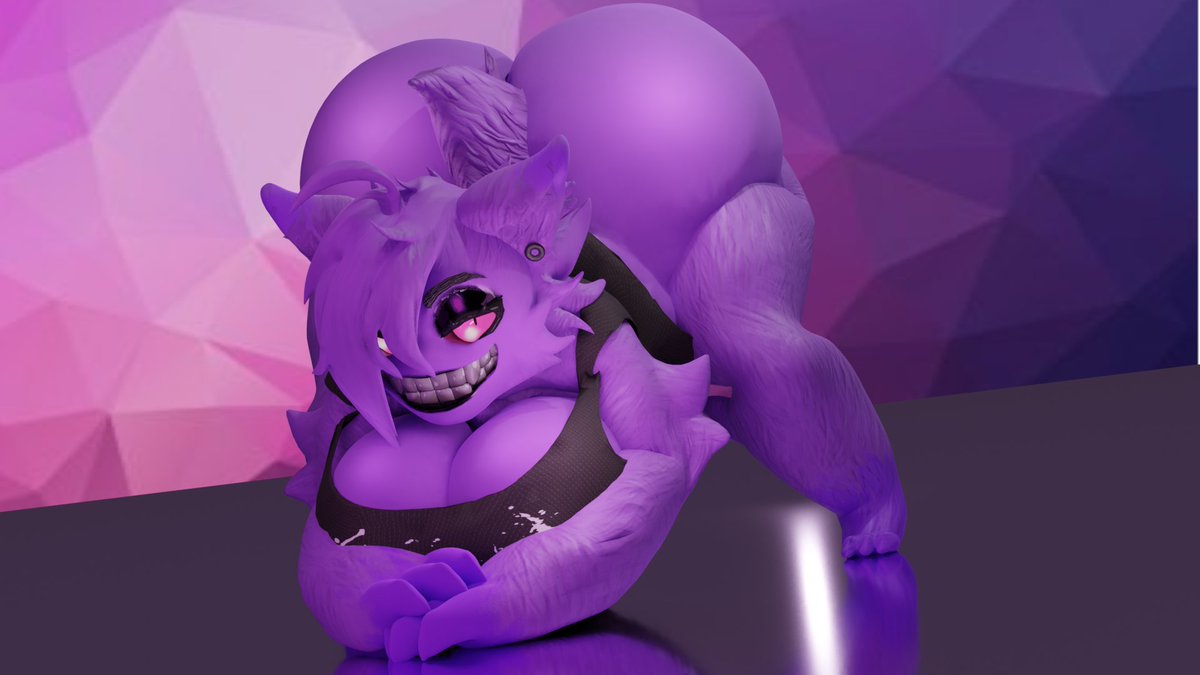16:9 2021 3d_(artwork) abstract_background anthro bangs big_breasts big_butt big_teeth breasts butt claws cleavage clothed clothing digital_media_(artwork) dyshiono ear_piercing eyeshadow female flesh_tunnel fluffy fur gauged_ear gengar grin huge_butt jack-o'_pose looking_at_viewer makeup nintendo piercing pok&eacute;mon pok&eacute;mon_(species) pose purple_body purple_fur shirt short_stack short_tail smile solo tank_top teeth topwear video_games widescreen yamzy_(jinx)