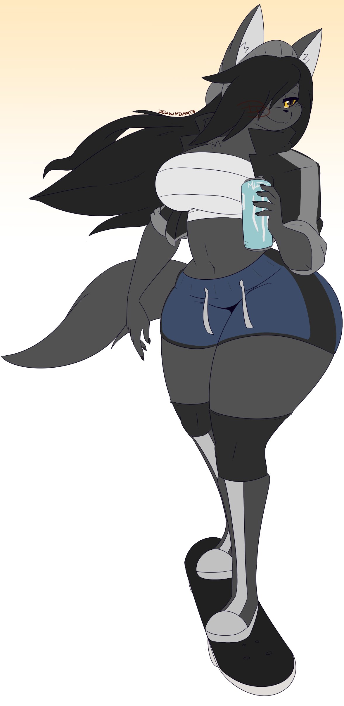 absurd_res anthro beanie beverage bottomwear breasts canid canine canis clothing curvy_figure dee_(dewwydarts) dewwydarts female hair hat headgear headwear hi_res holding_beverage holding_object hourglass_figure jacket long_hair mammal shorts skateboard skating solo thick_thighs topwear wide_hips wolf