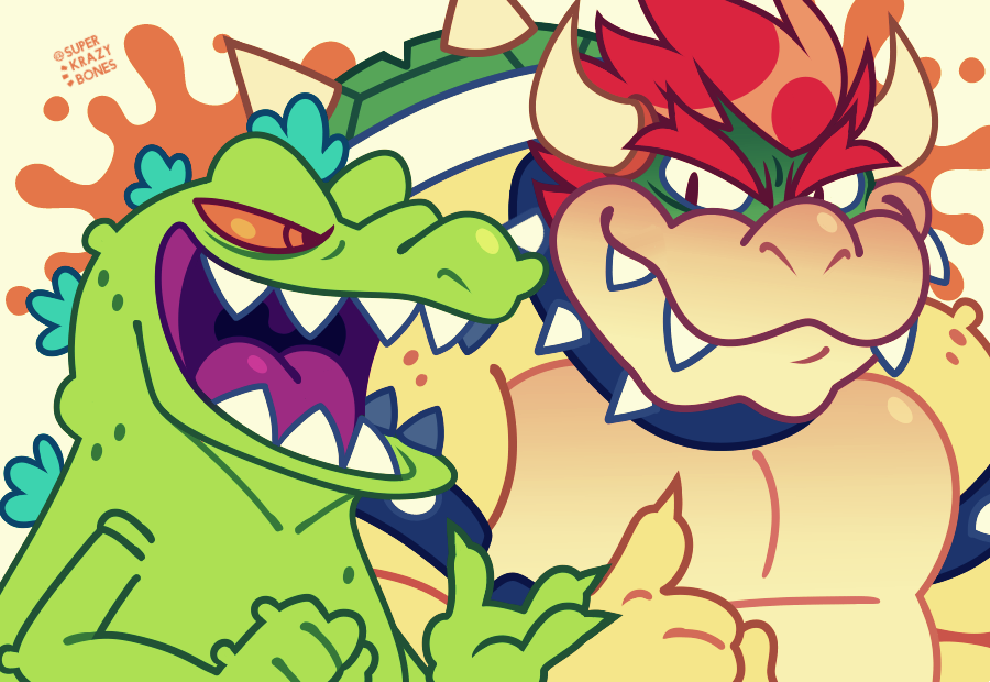 bowser claws collar dinosaur fangs green_body green_scales hair koopa male mario_bros nickelodeon nickelodeon_all-star_brawl nintendo orange_eyes red_eyes red_hair reptar reptile rugrats scales scalie spiked_collar spikes super_smash_bros. superkrazybones video_games