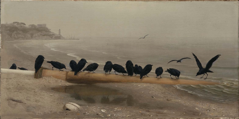 1874 19th_century 2:1 ambiguous_gender ancient_furry_art avian biped bird black_body black_feathers corvid corvus_(genus) crow feathered_wings feathers feral flying group large_group oil_painting_(artwork) oscine outside painting_(artwork) passerine public_domain reflection sea seaside sitting sky traditional_media_(artwork) water william_holbrook_beard wings