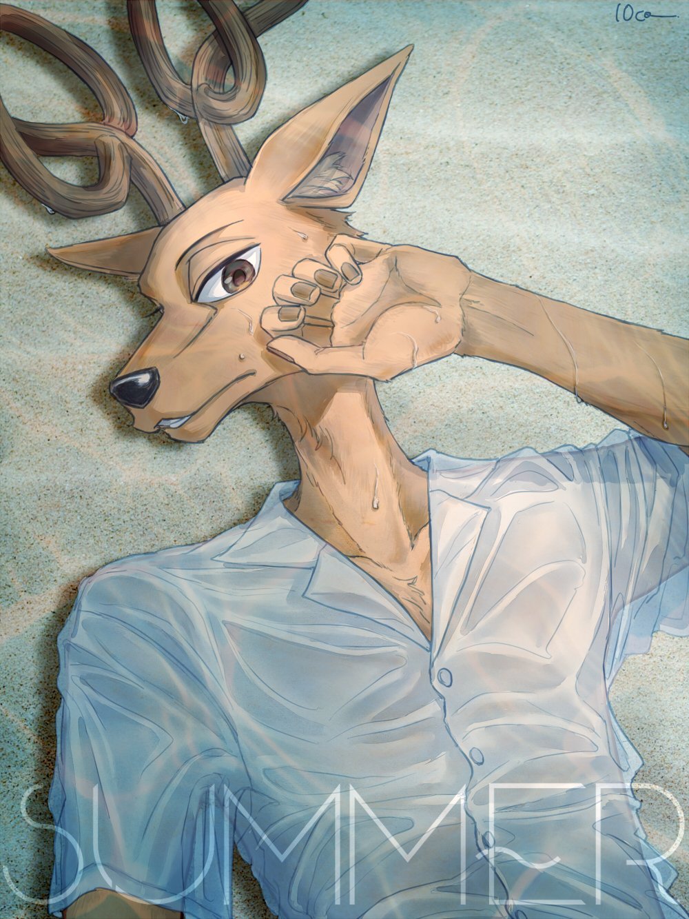 10co 2021 5_fingers anthro antlers beastars black_nose brown_eyes cervid cervine clothed clothing ear_tuft english_text fingers hi_res horn louis_(beastars) lying male mammal necktie on_back red_deer signature skinny solo text tuft wet wet_clothing