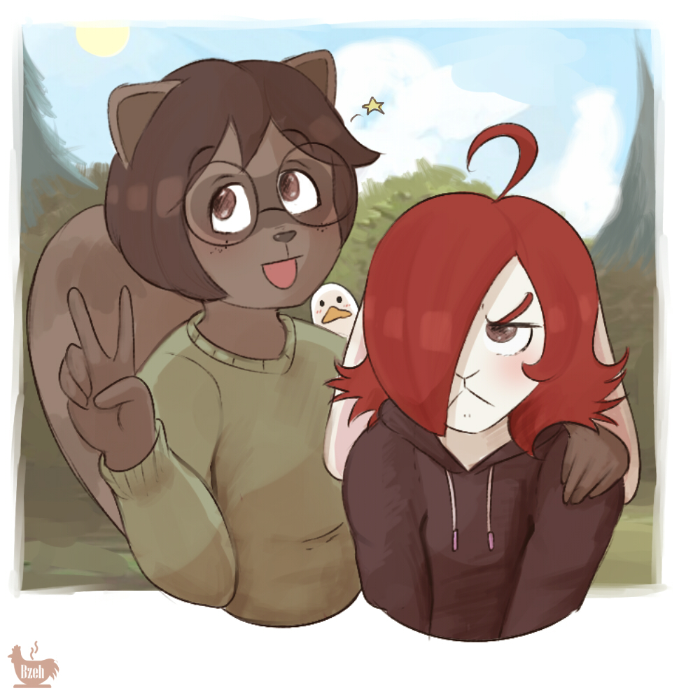 2021 5_fingers ahoge anatid andrea_(bzeh) anseriform anthro araceli_(bzeh) avian beak bird black_clothing black_eyes black_hoodie black_topwear blush brown_body brown_eyes brown_fur brown_hair brown_inner_ear brown_nose bzeh clothing different_artstyle dot_eyes duck duo eyewear feathers female female/female fingers floppy_ears freckles front_view frown fur gesture glasses green_clothing green_sweater green_topwear grey_eyes hair hair_over_eye hoodie lagomorph leporid looking_away looking_up mammal one_eye_obstructed orange_beak outside procyonid rabbit raccoon red_hair short_hair shoulder_grab signature smile star sweater topwear trio v_sign white_body white_feathers white_fur white_nose