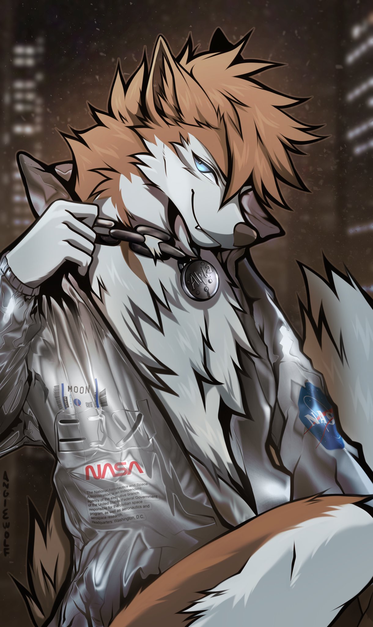 2021 angiewolf anthro building canid canine canis chain city clothing fur hi_res jacket logo male mammal medal nasa night_sky skyscraper smile smirk solo star topwear white_body white_fur wolf