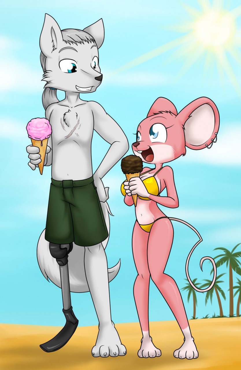 2018 anthro beach big_breasts bikini blue_eyes breasts canid canine chest_tuft cleavage clothed clothing dessert detailed_background digital_media_(artwork) duo ear_piercing eyelashes feet female fingers food fox fur grey_hair hair hand_on_hip hi_res hick_(boonboon) huge_breasts ice_cream larger_male male mammal missie_mouse mouse multicolored_body multicolored_fur murid murine navel outside piercing pink_body pink_fur ponytail prosthetic prosthetic_leg prosthetic_limb rodent sandwich-anomaly scar seaside size_difference smaller_female smile swimming_trunks swimwear teeth toes tongue tuft white_body white_fur