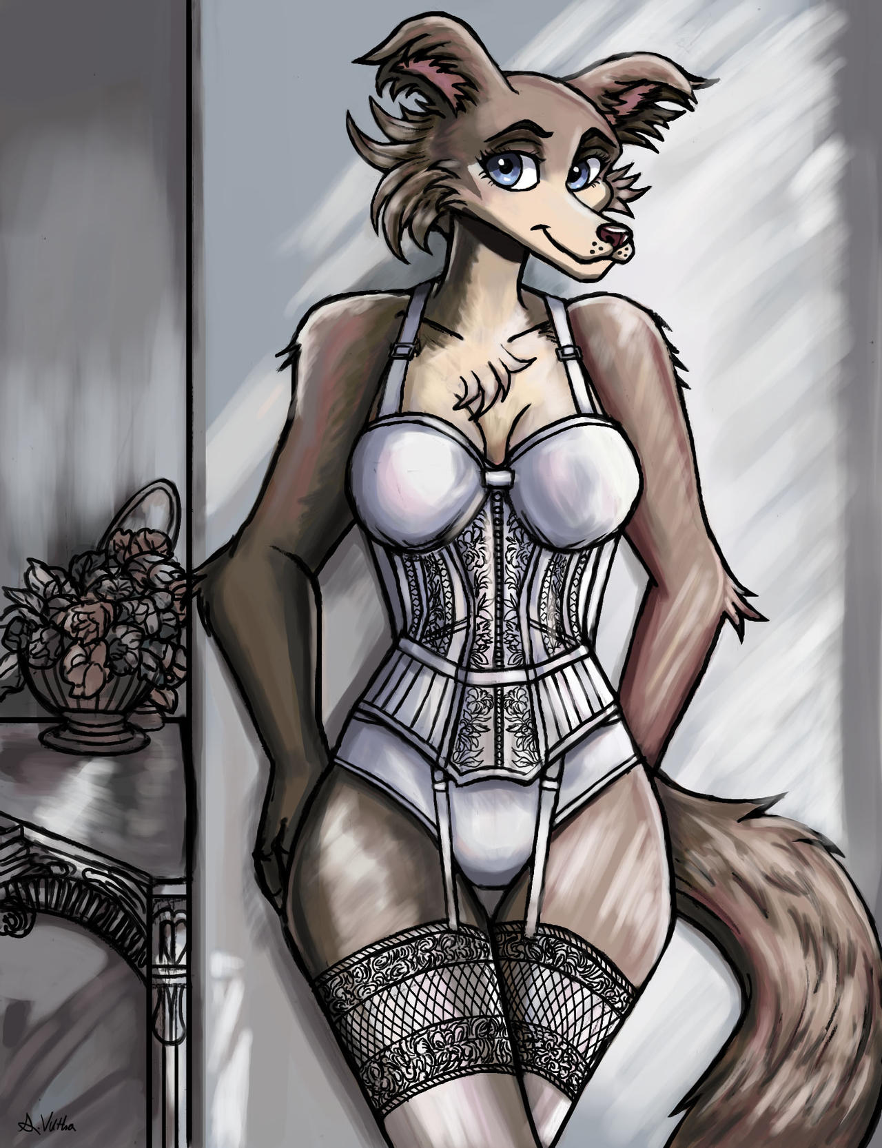 2020 anthro beastars blue_eyes bra breasts brown_body brown_fur canid canine canis cleavage clothed clothing corset female flower fur hi_res juno_(beastars) legwear lingerie long_snout looking_at_viewer mammal panties pinup plant pose signature smile snout solo stockings thelivingshadow thigh_highs topwear underwear white_bra white_clothing white_panties white_underwear wolf