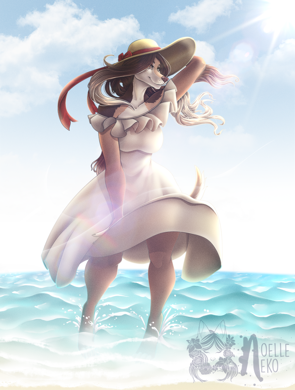 2021 anthro beach black_nose blue_sky breasts breeze brown_hair canid canine canis clothed clothing cloud day domestic_dog dress female fur hair hand_behind_head hat headgear headwear hi_res lens_flare long_hair mammal noelleneko off_shoulder sea seaside shaded signature sky smile soft_shading solo standing summer_dress sun sun_hat tan_body tan_fur water wave wind