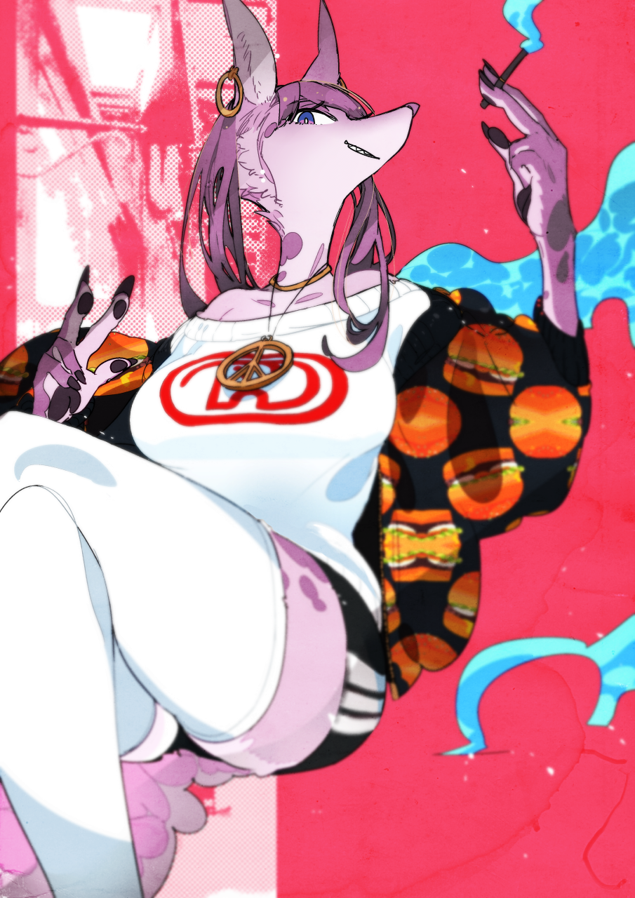 2021 anthro bottomwear breasts canid canine canis clothing domestic_dog ear_piercing ear_ring female fingerpads gesture hi_res holding_cigarette kemono legwear mammal moyamoya_kuroi pawpads peace_symbol piercing red_background shirt shorts simple_background smile solo stockings topwear v_sign