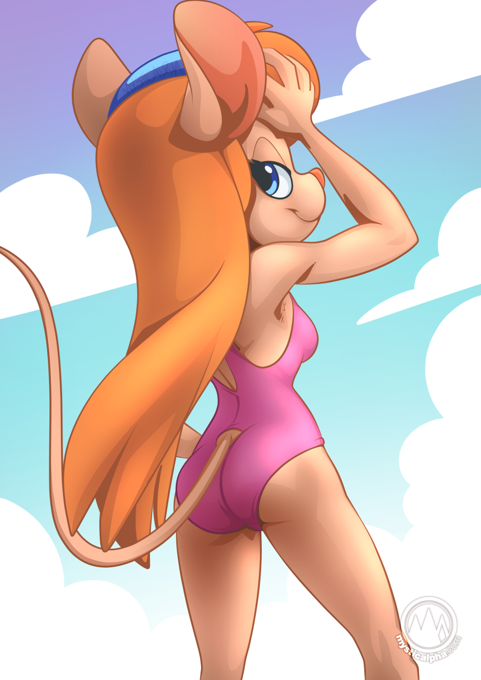 2021 accessory anthro bottomwear butt chip_'n_dale_rescue_rangers clothing disney female gadget_hackwrench hair_accessory hairband hi_res looking_at_viewer looking_back mammal mouse murid murine mysticalpha one-piece_swimsuit pink_clothing pink_swimwear rodent solo swimwear