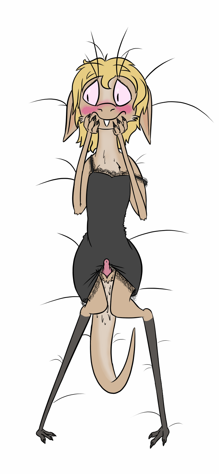 anthro blush bottomwear cheek_tuft chest_tuft clothed clothing clothing_lift crossdressing dakimakura_design ears_down erection exposed_shoulder facial_tuft genitals hands_on_cheeks happy_harvey hi_res knock-kneed looking_aside looking_away lopin lying male mammal nightgown on_back out-of-placers penis phone_drawing pink_eyes pivoted_ears presenting simple_background skirt skirt_lift solo tail_between_legs tail_tuft tuft webcomic white_background yinglet