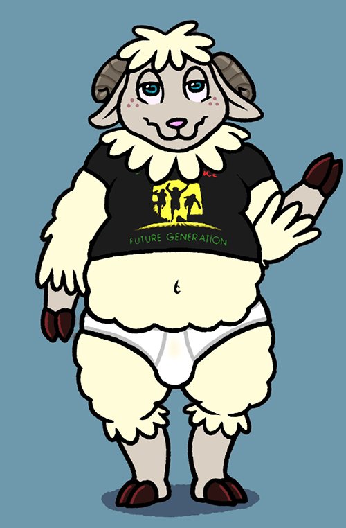 anthro barefoot black_hooves black_t-shirt blue_background briefs brown_body brown_fur bulge clothing english_text feet freckles fur hooves lups male mammal navel nishi_oxnard pink_nose shadow shirt simple_background smile solo t-shirt text tighty_whities topwear underwear white_briefs white_clothing white_underwear wool_(fur) yellow_body yellow_fur yellow_wool